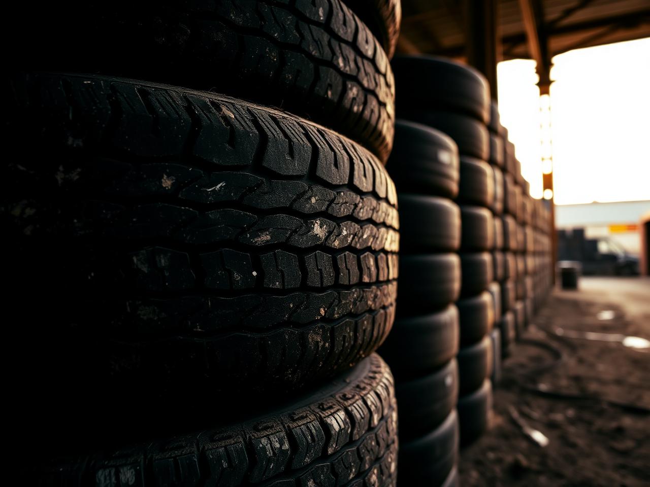 Stacked end-of-life tires inside a Puro Tire processing facility